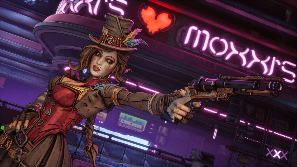 Screenshot shows a female character from Borderlands pointing a large revolver at an unseen target off-screen. She is rendered in a cartoon style and wears a steampunk style top hat, red bodice and a leather jacket and skirt combo. Her face is painted white, with a pale pink heart on each cheek.