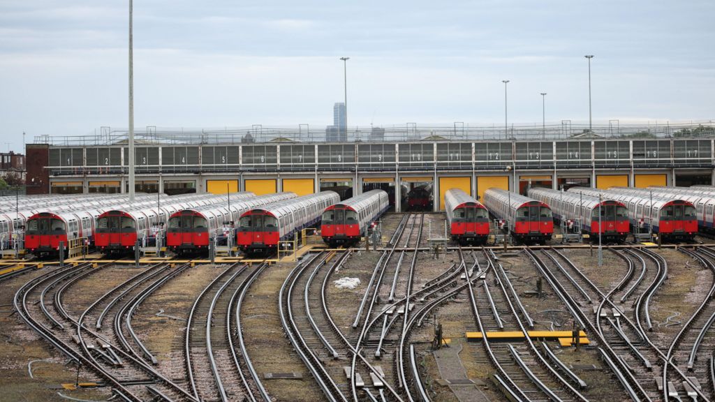 Tube trains are parked at the London Underground Boston Manor depot, during a 24-hour Tube strike.