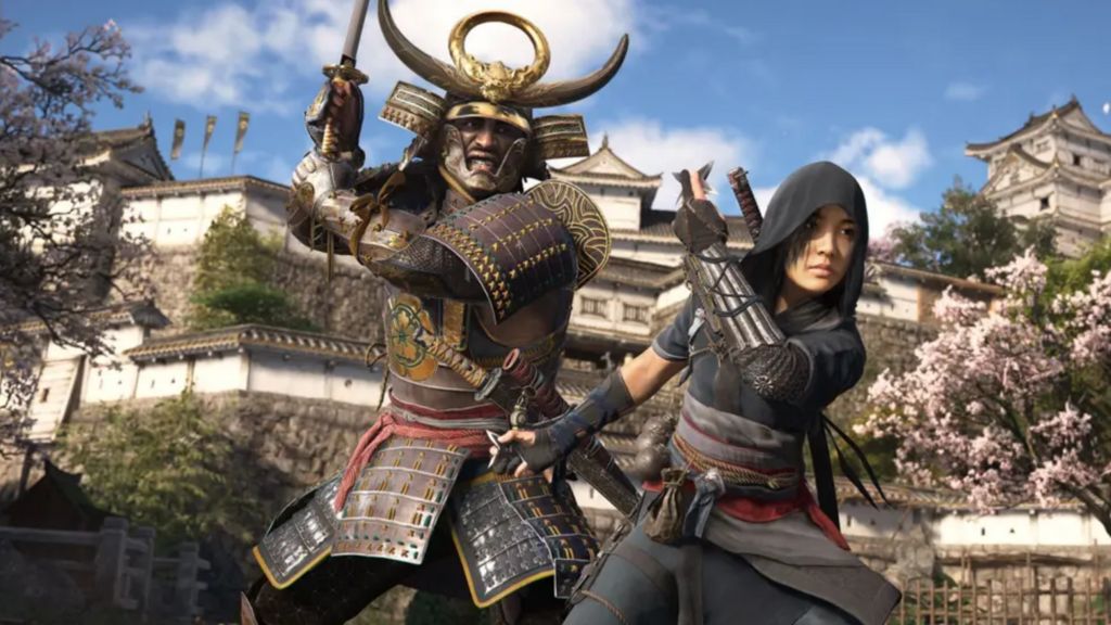 A still from Assassins Creed game, with a male samurai and female ninja character dressed in 16th century outfits, in Japan. The main is holding a sword while the female is mid action pose. The background shows a large property with trees.