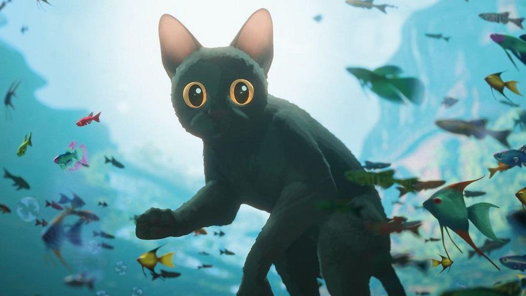 The cat in the film Flow seen floating in the water surrounded by fish