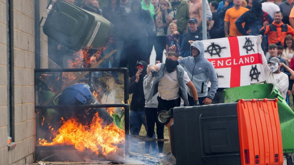 Among the latest scenes of violence over the weekend, anti-immigration rioters smashed the windows of the Holiday Inn Express in Rotherham on Sunday before starting fires.