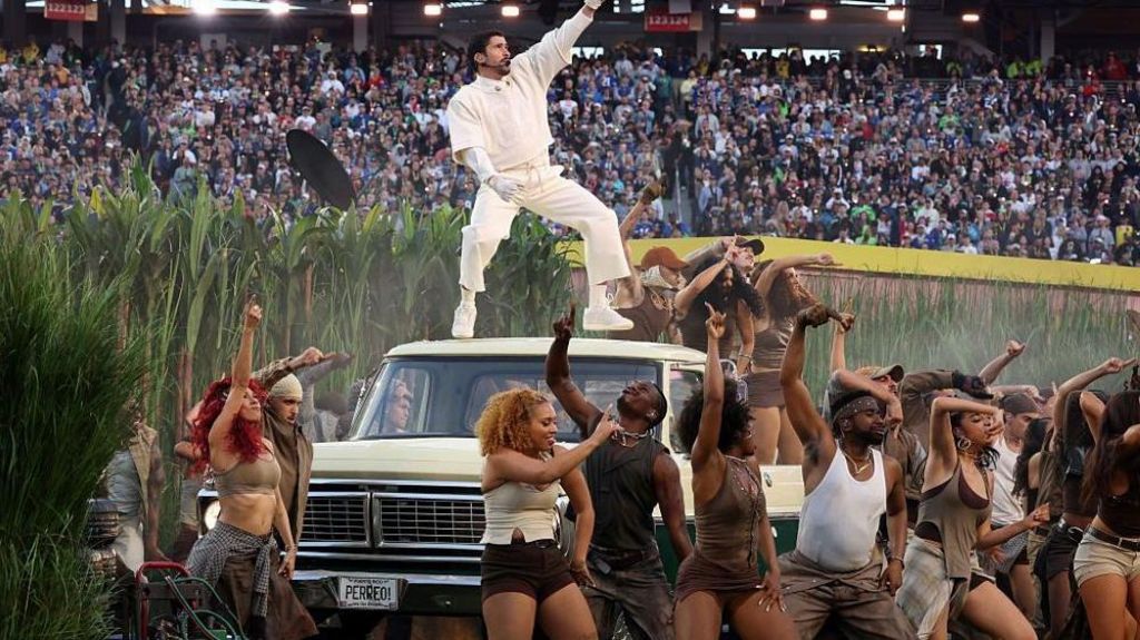 Bad Bunny performs onstage during the Apple Music Super Bowl