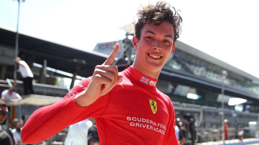 Oliver Bearman celebrates winning the Formula 2 race in Austria