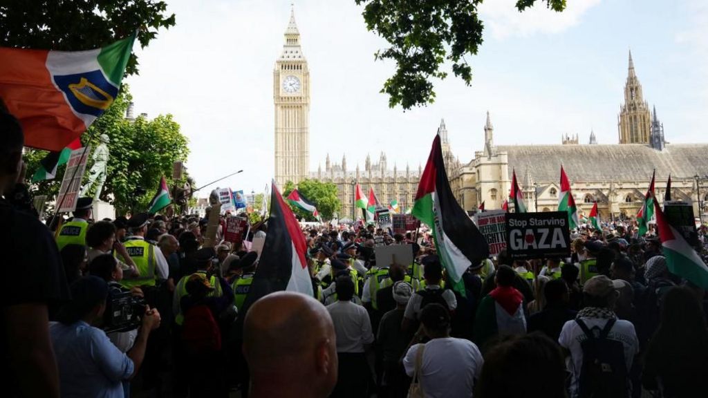 A large crowd, with many holding Palestinian flags, stands in front of the Houses of Parliament