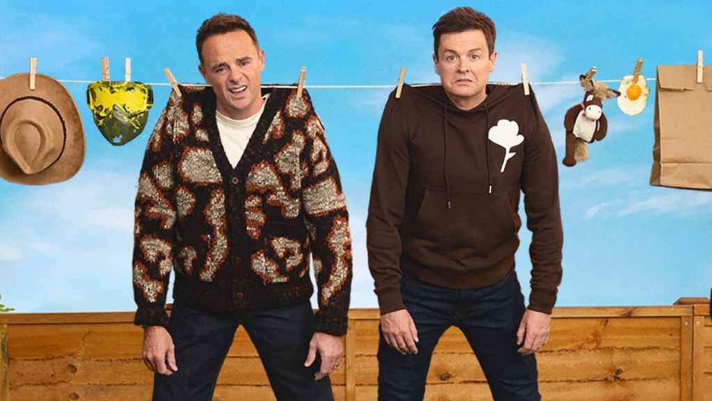 Ant and Dec pictured apparently hanging from a washing line in a promotional image for their new podcast Hanging Out