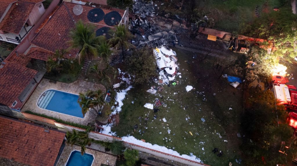 An aerial view of the site where the Voepass airline plane crashed in Vinhedo - a city which is about 80km (50 miles) north-west of São Paulo