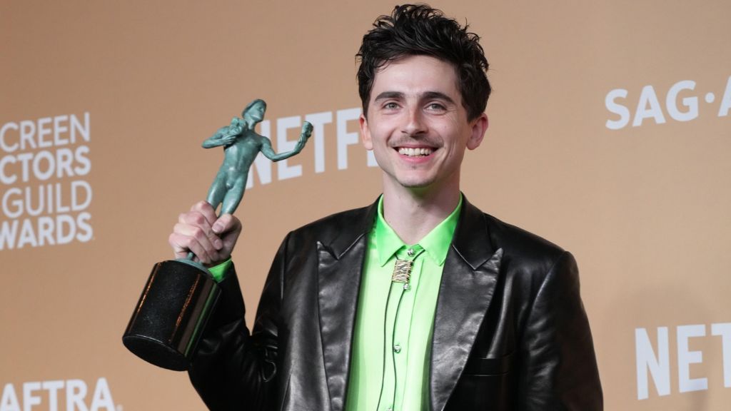 Timothée Chalamet poses in the press room with the award for Outstanding Performance by a Male Actor in a Leading Role in a Motion Picture for "A Complete Unknown" during the 31st Annual Screen Actors Guild Awards at Shrine Auditorium and Expo Hall on February 23, 2025 in Los Angeles, California. 