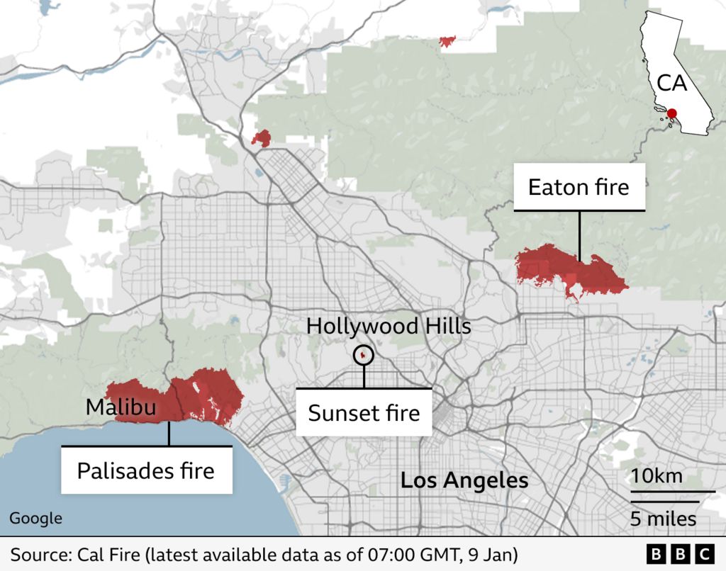 Map showing location of five fires around Los Angeles, their shapes based on the latest data from Cal Fire at 07:00 GMT on 9 Jan - and the proximity to Malibu and the Hollywood Hills