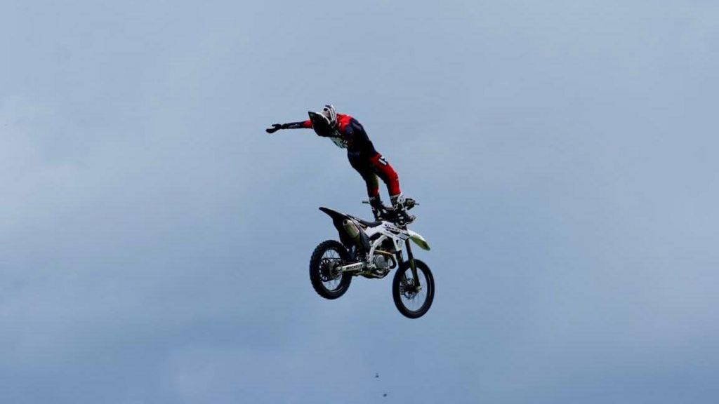 A bike stuntman performs at Suffolk Show 