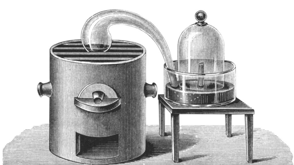 A sketch of the experiment set up by Priestley in his discovery of the gas