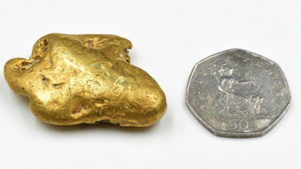 The gold nugget next to a 50p coin for scale