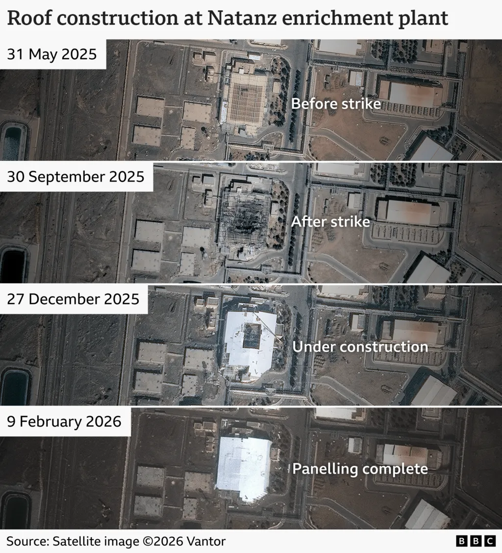 Satellite images showing the evolving construction of a roof at the Natanz enrichment plant