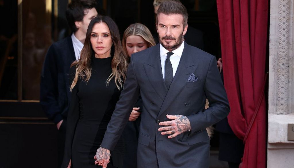 Victoria Beckham and David Beckham and family leaving their hotel during Haute Couture Spring Summer 2026 as part of Paris Fashion Week on January 26, 2026 in Paris, France. 