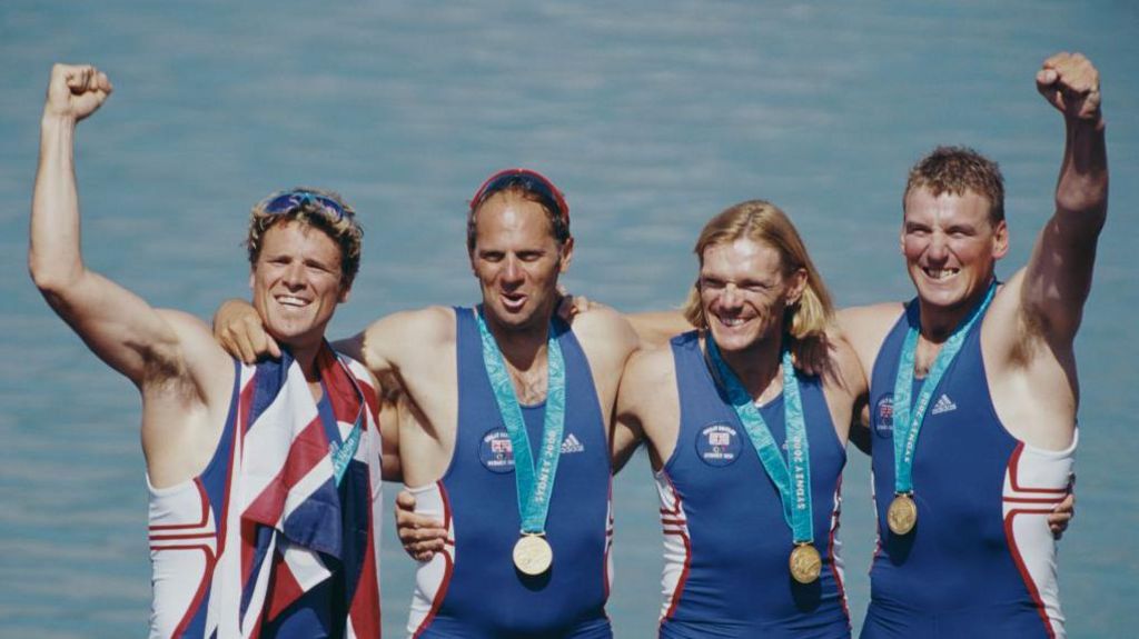 James Cracknell, Steve Redgrave, Tim Foster and Matthew Pinsent of Great Britain celebrate winning gold the Men's Coxless Four Rowing Final on 23rd September 2000 during the XXVII Olympic Summer Games at the Sydney International Regatta in Penrith,