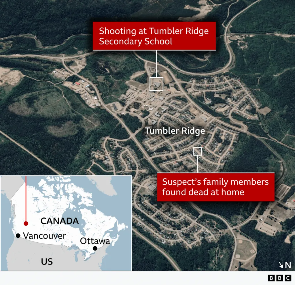 A map showing the small town of Tumbler Ridge as a satellite aerial shot. The location of the secondary school is marked on the map as well as the home where the suspect's family members were found. In the bottom left hand corner there is a map of Canada and the US with a mark showing Tumbler Ridge is in western Canada. 