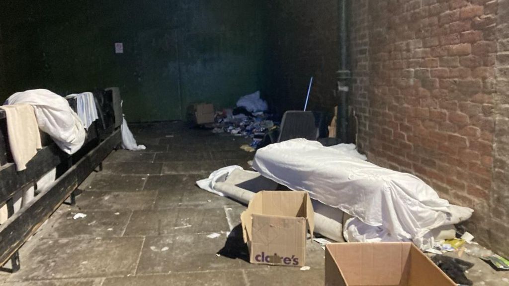 Beds and cardboard boxes belonging to rough sleepers