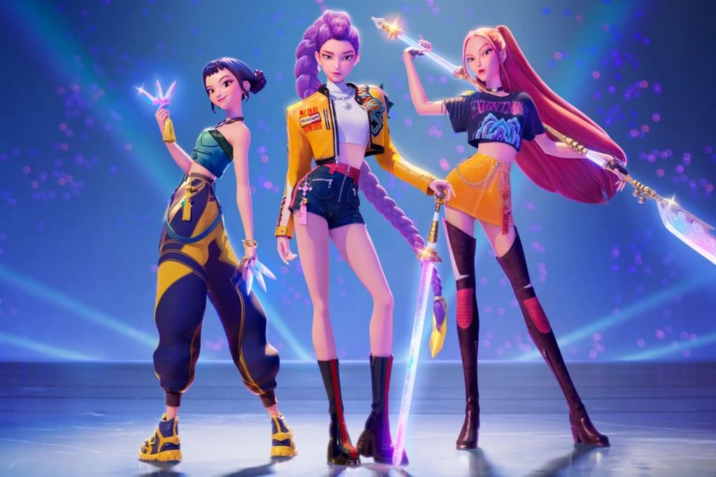 Still image from Netflix animation K-Pop Demon Hunters showing the fictional girl group Huntr/x