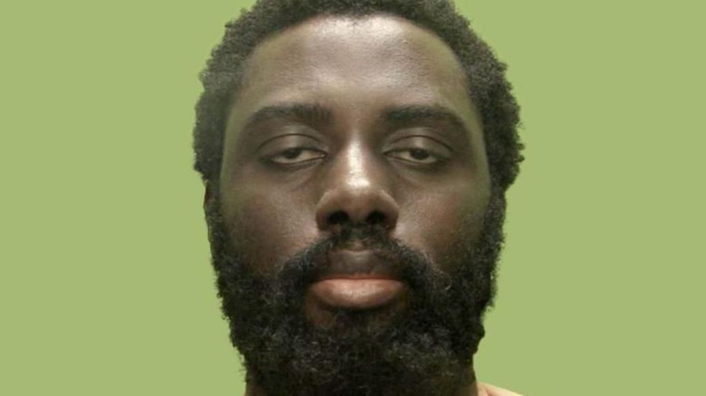 A mugshot of Valdo Calocane, the Nottingham attacks killer against a green background