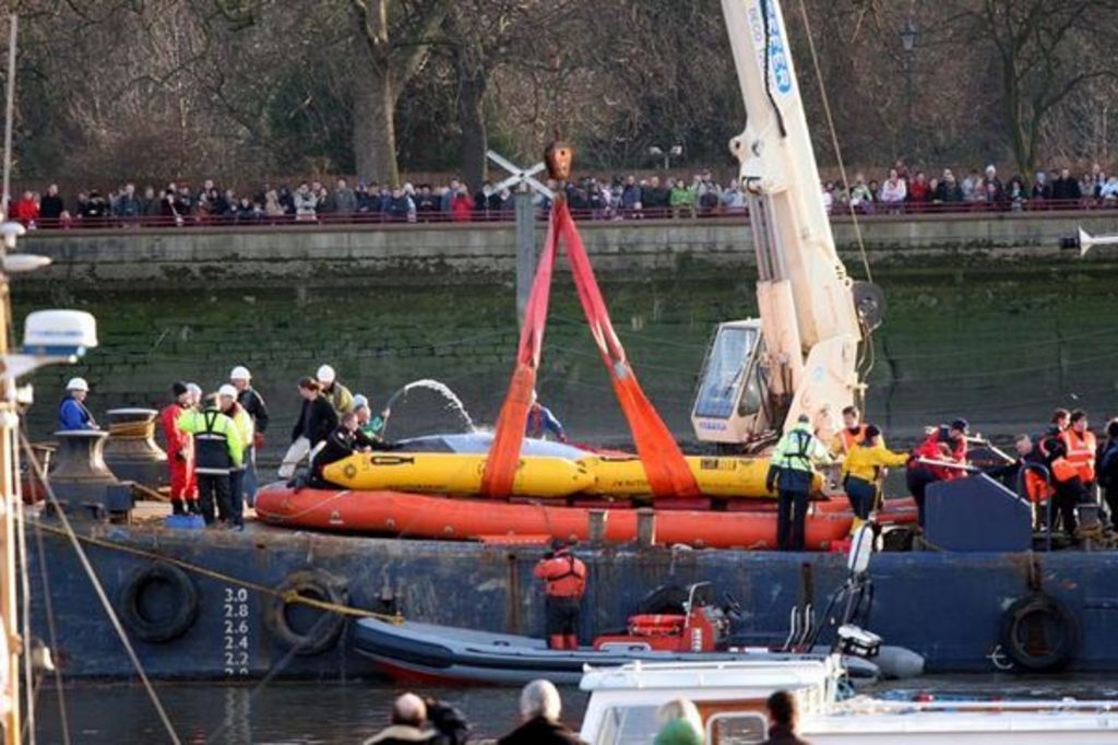 A large crane is used to hoist the whale on to a large barge which has numerous people upon it. People are lined up behind a fence on the riverbank behind them