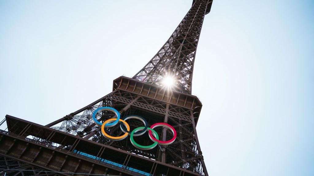 The Olympic rings have been installed on the Eiffel Tower