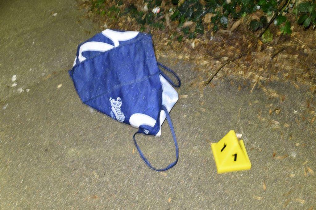 A blue and white Boots bag, which baby Elsa was left inside, lies on a concrete path