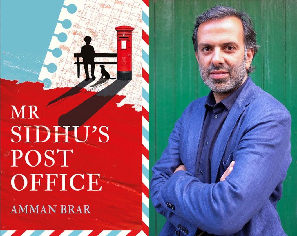 Red and blue book jacket with silhouette of a man and a dog on a bench next to a postbox, alongside an image of the author who has short black/greying hair and beard and is wearing a blue jacket.
