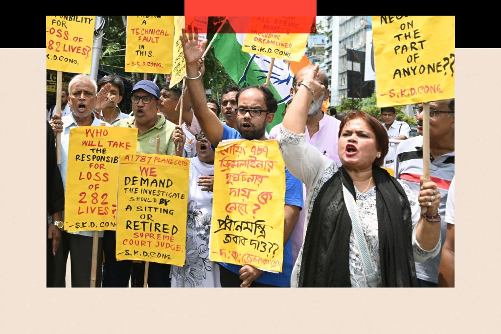 Supporters and members of the Indian National Congress Party protest against the Indian government over an Air India plane crash on 16 June 2025.