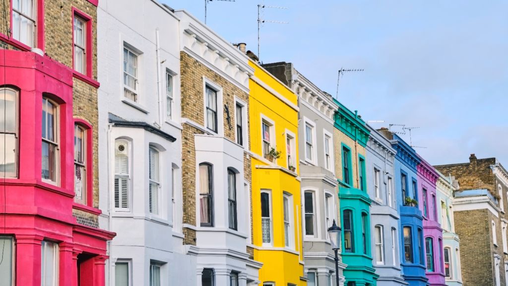 A row of colourful houses in Notting Hill, west London.