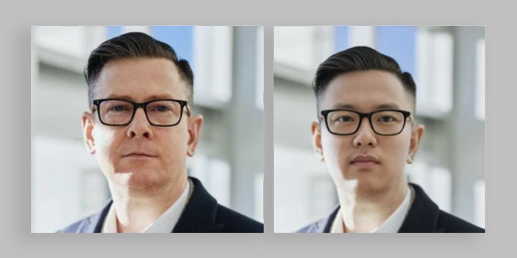 Two pictures side-by-side. On the left, a stock image of a man with glasses in a suit. On the right, the image appears to have been edited to be of a different man.