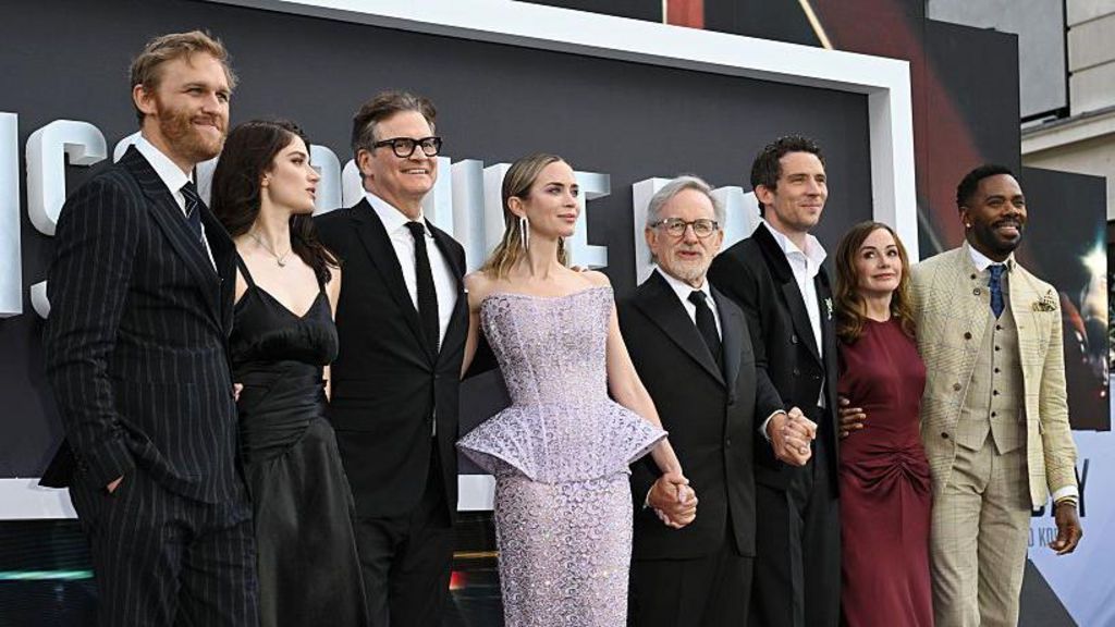 (L-R) Wyatt Russell, Eve Hewson, Colin Firth, Emily Blunt, Steven Spielberg, Josh O'Connor and Colman Domingo attend the Universal Pictures UK Premiere Of "Disclosure Day" at CineWorld IMAX Leicester Square on June 04, 2026 in London, England