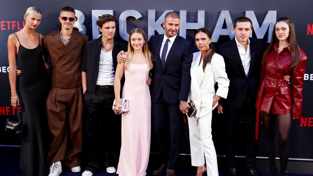 Mia Regan, Romeo Beckham, Cruz Beckham, Harper Beckham, David Beckham, Victoria Beckham, Brooklyn Peltz Beckham, and Nicola Peltz Beckham attend the premiere of 'Beckham' at the Curzon Mayfair, London, Britain, 03 October 2023