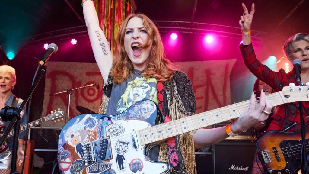 Amelia Bullmore, Rosalie Craig and Tamsin Greig performing on stage as Riot Women from the recent BBC series
