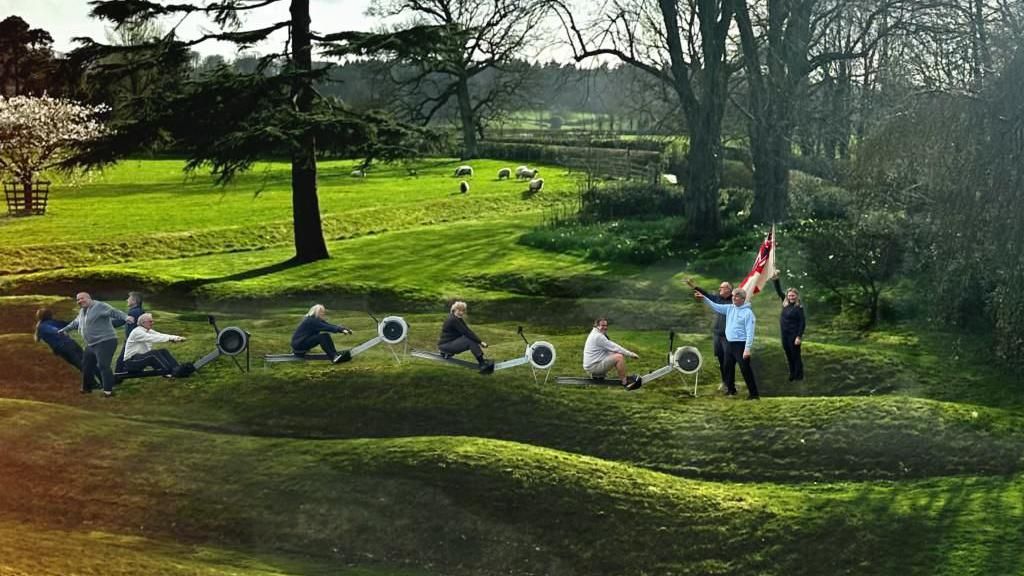 People lined up on rwoing machines on a lawn with sheep in the background