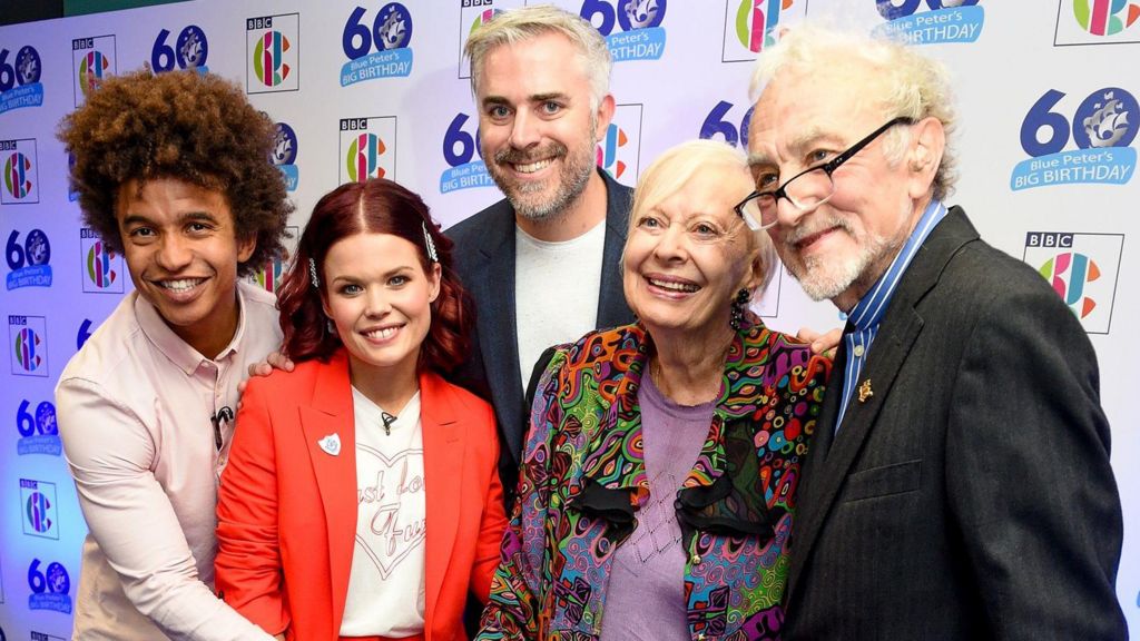 Radzi Chinyanganya, Lindsey Russell, Biddy Baxter and Edward Barnes attend the 'Blue Peter Big Birthday' celebration at BBC Philharmonic Studio on October 16, 2018 in Manchester