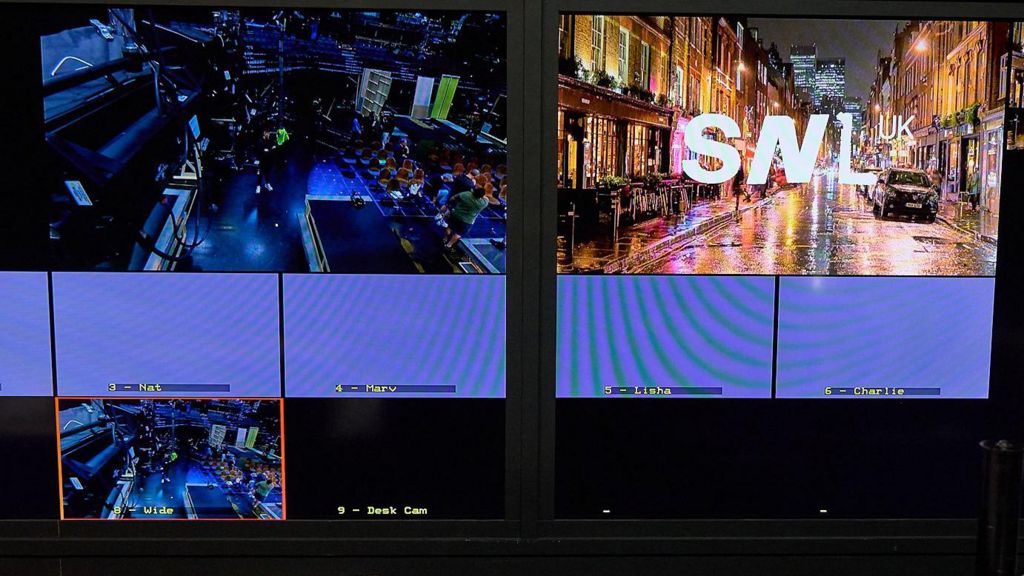 SNL TV gallery showing control panel, title screen and studio camera feed.