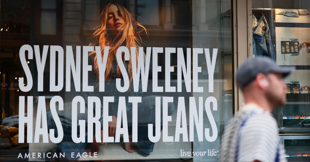 A window display of actress Sydney Sweeney is seen on the front of an American Eagle store on 1 August, 2025, in New York City.