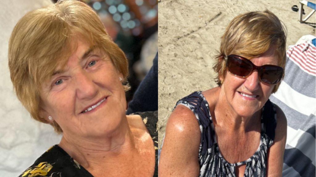 A two-picture collage of Mrs Millet. On the left, she is smiling at the camera, dressed festively. On the right, she is at the beach with sunglasses on.