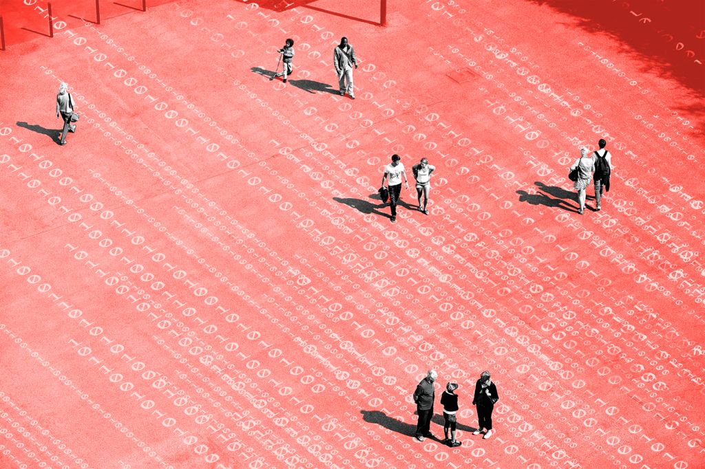 A town square set against a backdrop of binary code