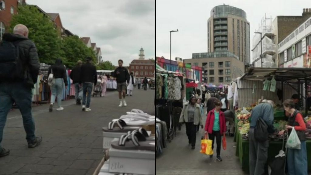Two side-by-side photographs showing busy outdoor markets. The left side shows people walking through Romford Market past stalls selling footwear. The right side depicts Dalston Kingsland Market with fresh produce stalls and a modern high-rise building in the background.