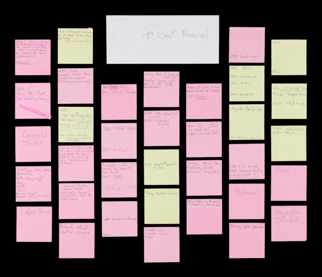 An array of David Bowie's sticky notes, containing handwritten ideas for a musical he planned at the time of his death
