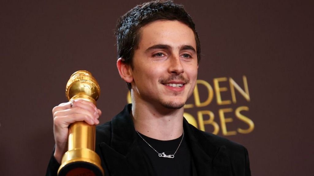 Timothée Chalamet wins the Golden Globe for male actor in a musical or comedy film for "Marty Supreme" at the 83rd Annual Golden Globes held at The Beverly Hilton on January 11, 2026 in Beverly Hills, California.