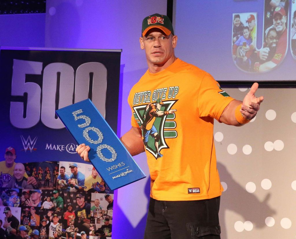 WWE superstar wrestler John Cena attends the Make-A-Wish celebration event for John Cena's 500th Wish Granting Milestone at Dave & Buster's Time Square on August 21, 2015 in New York City.