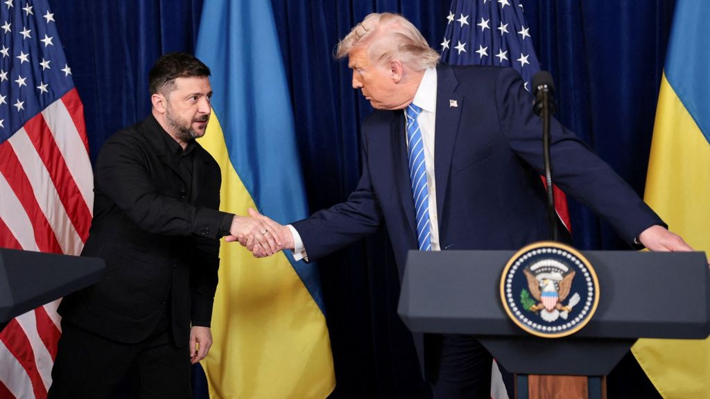 US President Donald Trump and Ukrainian President Volodymyr Zelensky shake hands