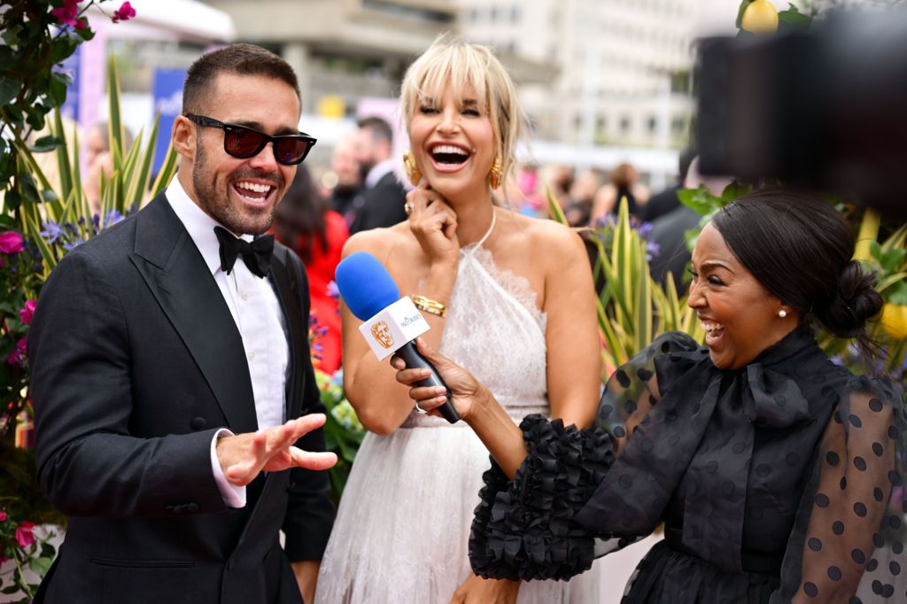 Spencer Matthews and Vogue Williams speaking to Angellica Bell