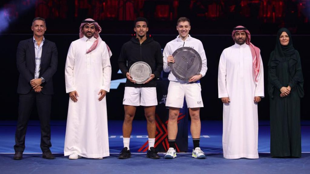Arthur Fils of France, runner up and Hamad Medjedovic of Serbia, winner, pose for a photo with their trophies after the final during day five of the Next Gen ATP Finals at King Abdullah Sports City on December 02, 2023 in Jeddah, Saudi Arabia