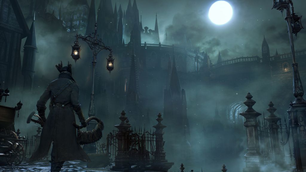 An animated scene shows a character with horns and a long jacket looks out at a dark and starry background with moody lighting, a castle and turrets. The scene is lit up by moonlight and has a green hue.