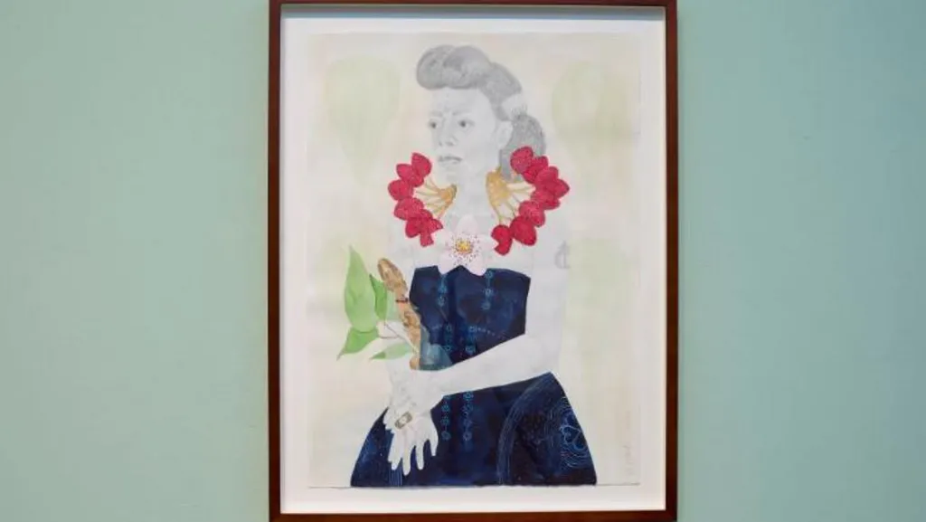 A painting of a woman who is wearing a dark dress and has flowers around her neck and leaves and flowers behind her. 