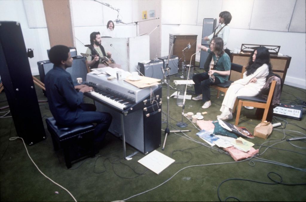 The Beatles in the recording studio at the basement of 3 Savile Row