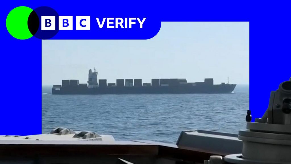 A composite image showing the BBC Verify logo and an image of the Touska on the horizon.