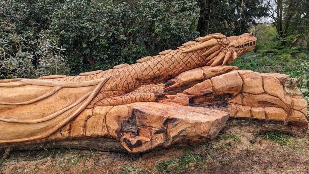 A fallen lime tree carved into a dragon